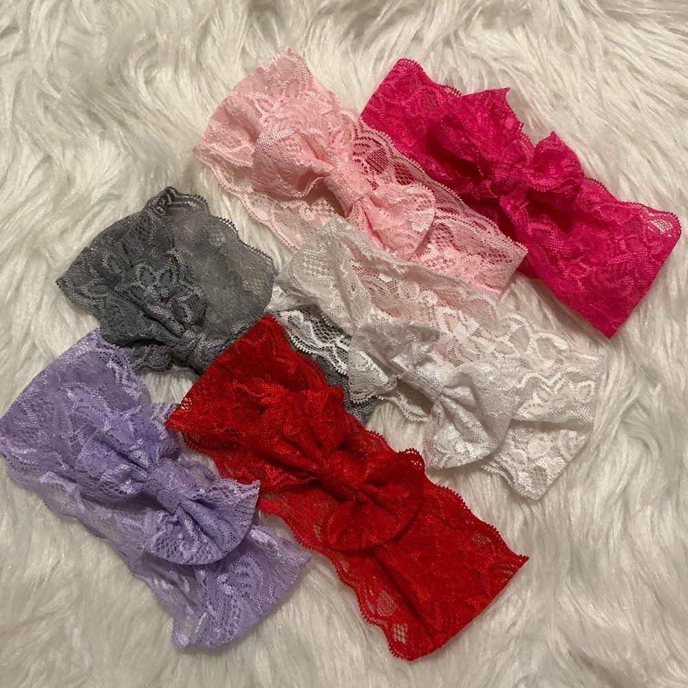 Six lace style headbands for baby girl in various colors